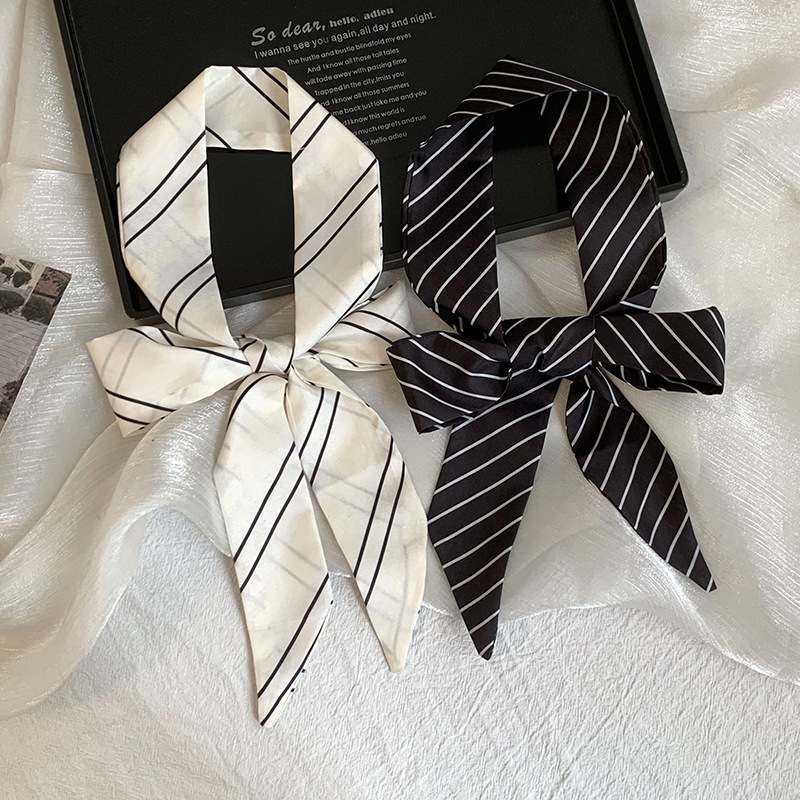 Silk Tie Striped - ผ้าพันคอไหมลายทางแบบใหม่สำหรับฤดูร้อน ผ้าพันคอยาว ผ้าโพกศีรษะระดับไฮเอนด์ ผ้าคาดผม ผ้าผูกผม ผ้าพันกระเป๋าอเนกประสงค์
